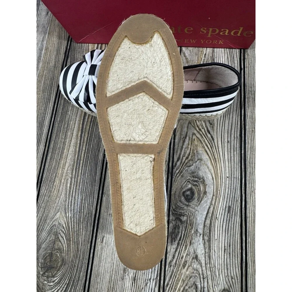 Kate Spade NY LINDS Striped Leather Bow Espadrille Flats Black White Sz 8 1/2